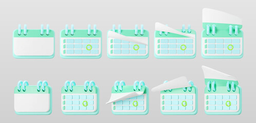 3d blue calendar icons with highlighted circle day and flipping pages. Save the date. Render of weekly schedule planner with mark the date. Calendar important day concept. 3d cartoon simple vector.