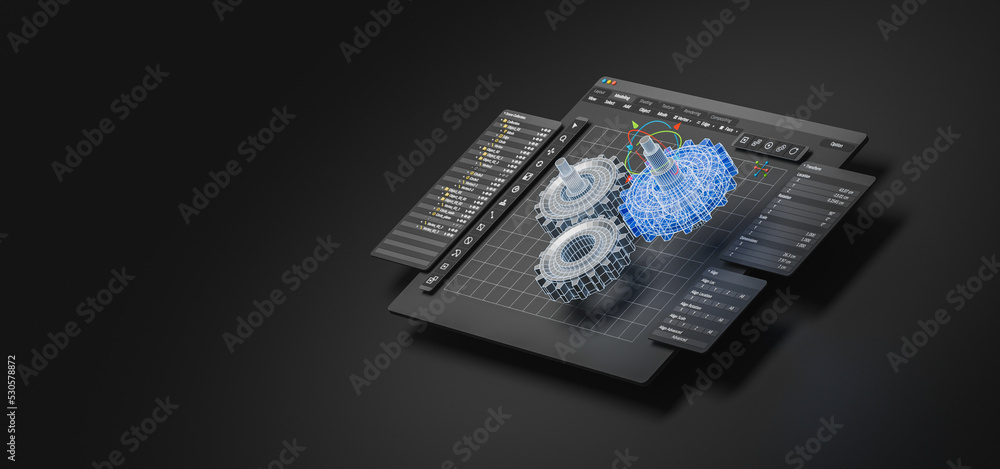Leinwandbilder Engineering designer design 3D CAD software program Industrial engine model mechanical dimensional digital manufacturing factory engineer computer screen. 3d rendering.