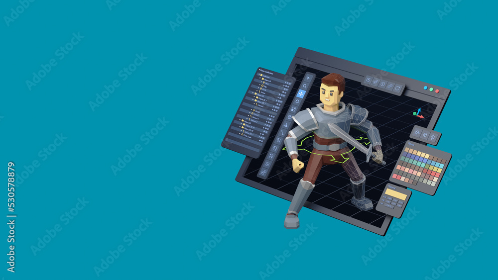 Poster game design development create characters animate pose 3d graphics artwork.video game designer devel
