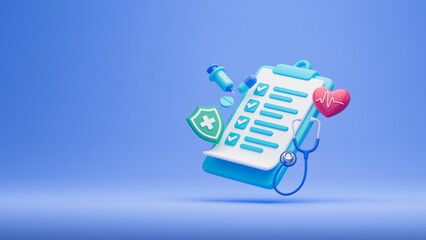 Healthcare medical doctor stethoscope heartbeat clipboard health checkup insurance report service icons.3d rendering..