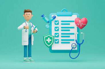 Healthcare medical doctor stethoscope heartbeat clipboard health checkup insurance report service icons.3d rendering..