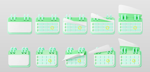 3d green calendar icons with highlighted circle day and flipping pages. Save the date. Render of weekly schedule planner with mark the date. Calendar important day concept. 3d cartoon simple vector