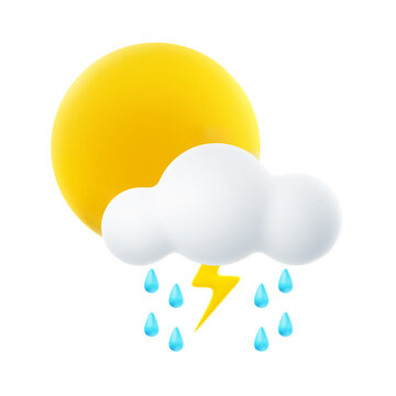 3D Cartoon Weather Icon of Cloudy with Thunderstorm with Rainfall. Sign of Cloud, Sun, Raindrops and Lightning Isolated on White Background. Vector Illustration of 3d Render.