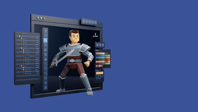 Game design development create characters animate pose 3d graphics artwork.Video game&nbsp;designer developer Creative software. 3d rendering.