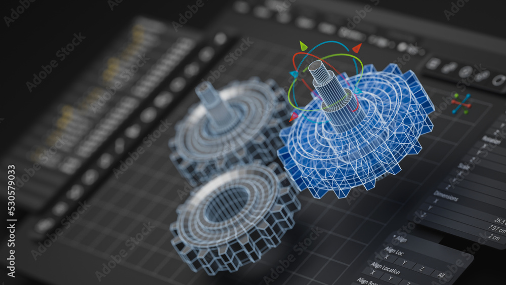 Poster Engineering designer design 3D CAD software program Industrial engine model mechanical dimensional digital manufacturing factory engineer computer screen. 3d rendering.