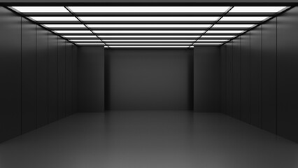 Dark black empty architecture interior space room studio background backdrop wall display products minimalistic. 3d rendering.