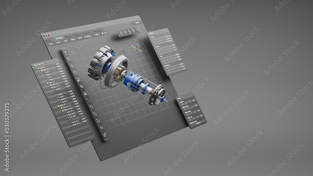 Aufkleber Engineering designer design 3D CAD software program Industrial engine model mechanical dimensional digital manufacturing factory engineer computer screen. 3d rendering.