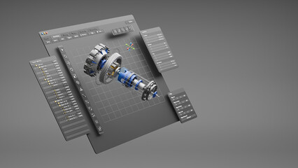 Engineering designer design 3D CAD software program Industrial engine model mechanical dimensional digital manufacturing factory engineer computer screen. 3d rendering.