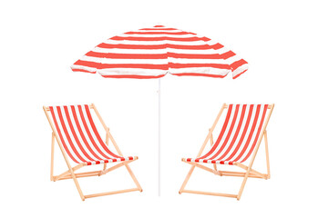 Two beach sun loungers and an umbrella - Powered by Adobe