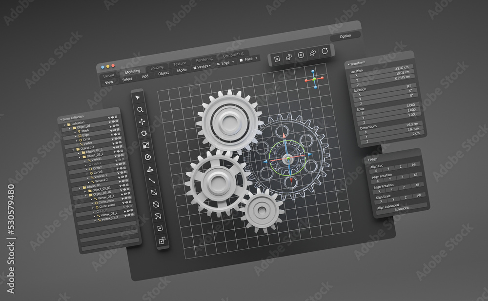 Leinwandbilder Engineering designer design 3D CAD software program Industrial engine model mechanical dimensional digital manufacturing factory engineer computer screen. 3d rendering.