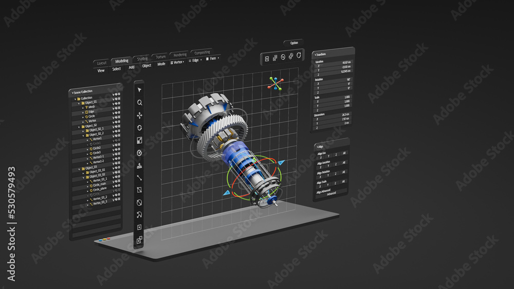 Leinwandbilder Engineering designer design 3D CAD software program Industrial engine model mechanical dimensional digital manufacturing factory engineer computer screen. 3d rendering.