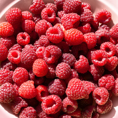 Raspberry berries. Top view raspberries in a bowl. Selective focus. Small depth of field. Blurred background