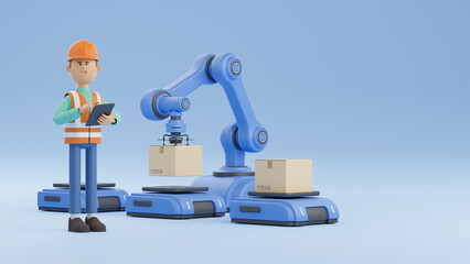 Smart industry production factory warehouse logistic and transport Future Technology. Engineer operating vehicle autonomous guided  robot AGV system robotic arm carry cardboard box. 3d rendering.