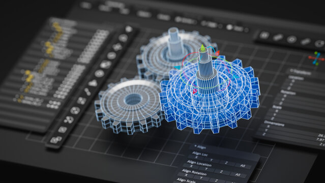 Engineering designer design 3D CAD software program Industrial engine model mechanical dimensional digital manufacturing factory engineer computer screen. 3d rendering.