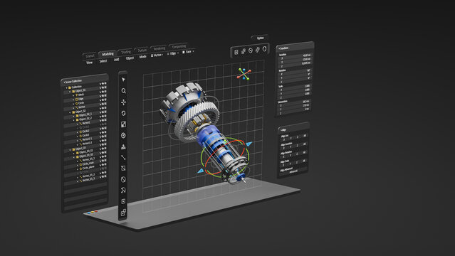 Engineering Designer Design 3D CAD Software Program Industrial Engine Model Mechanical Dimensional Digital Manufacturing Factory Engineer Computer Screen. 3d Rendering.