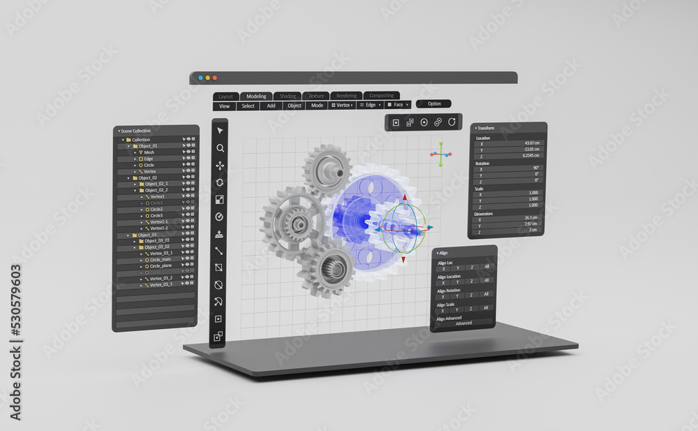 Leinwandbilder Engineering designer design 3D CAD software program Industrial engine model mechanical dimensional digital manufacturing factory engineer computer screen. 3d rendering.