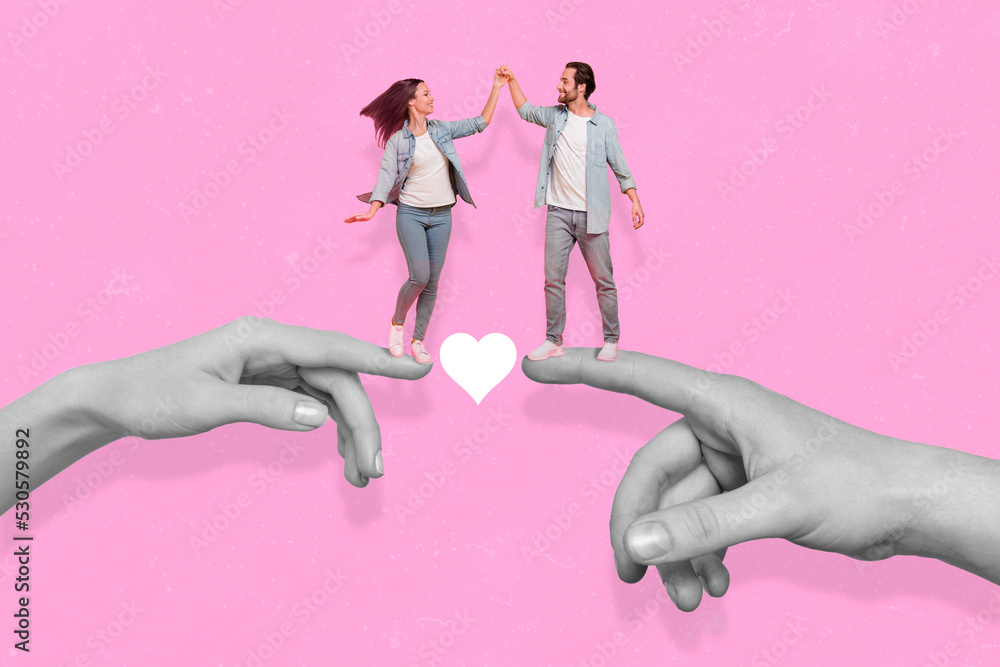 Sticker Composite collage image of two big arms fingers hold people black white gamma love concept isolated on pink background