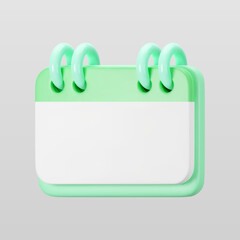 3d green calendar icon on gray background. Render of daily birthday schedule planner, valentine's or wedding day. Calendar events plan, work planning concept. 3d cartoon simple vector illustration