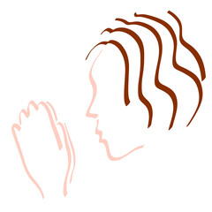 young man with brown hair prays to god hands fold, christian colorful pattern on white background