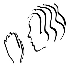 young man with wavy hair prays to God with hands folded, christian pattern on a white background, black outline