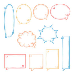 collection set of blank dashed line hand drawn speech bubble balloon pastel color, think speak talk whisper text box, flat vector illustration design isolated