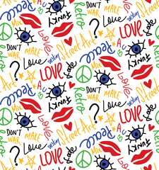 Abstract Hand Drawing Retro Urban Slogans Icons Signs Eyes Symbols Lips and Geometric Shapes Seamless Vector Pattern Isolated Background 