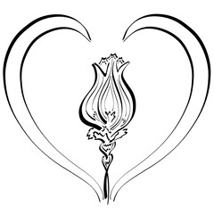 flower bud with green leaves creating a heart shape, black pattern on a white background