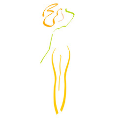 young slender woman with a lush hairstyle in yellow trousers looks up, an abstract colorful pattern on a white background