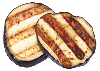 Slices of eggplant roasted on a grill with stripes from a grill isolated