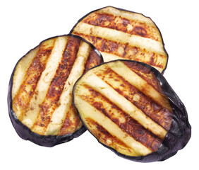 Slices of eggplant roasted on a grill with stripes from a grill isolated