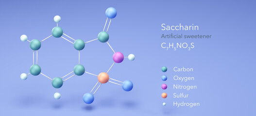 saccharin, molecular structures, artificial sweetener, 3d model, Structural Chemical Formula and Atoms with Color Coding