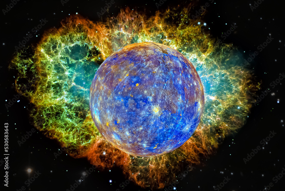 Wall mural mercury planet with colorful nebula. space background. elements of the image furnished by nasa