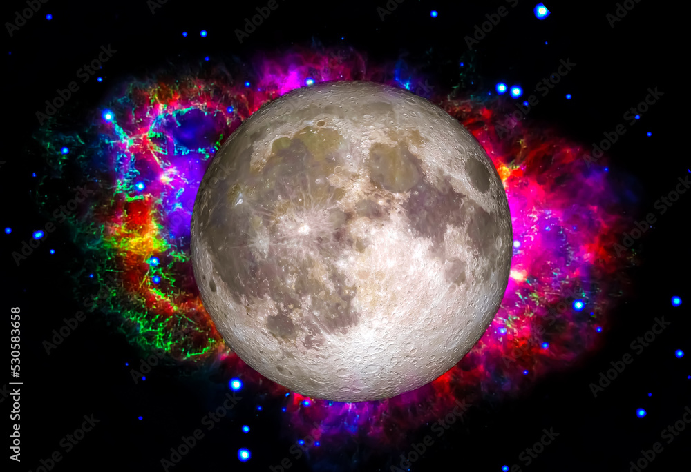 Wall mural the moon with colorful nebula. space background. elements of the image furnished by nasa.