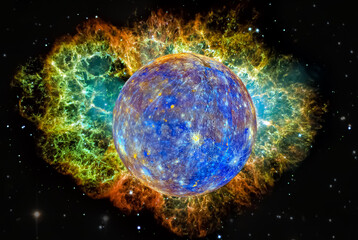 Mercury planet with colorful nebula. Space background. Elements of the image furnished by NASA