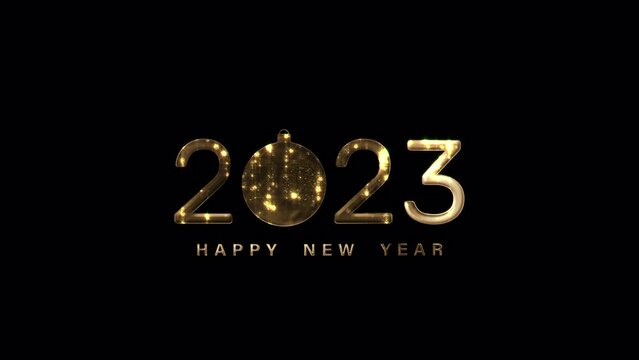 2023 Happy New Year  golden shine glittering text with snowball animation on black background. Isolated with alpha channel quicktime prores 444. 