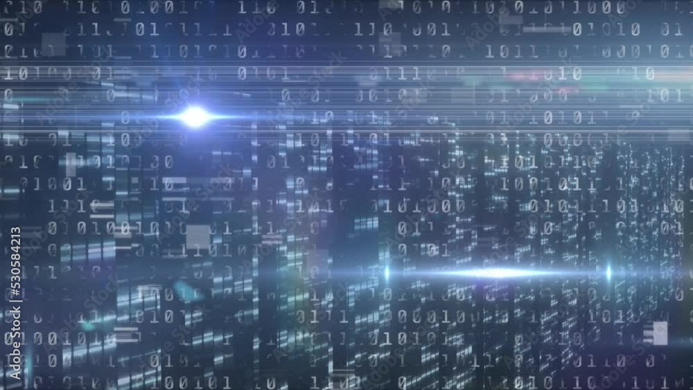 Poster animation of blue glowing light over data processing and flashing servers on black background