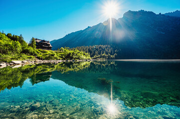 Tatra National Park in Poland. Famous mountains lake Morskie oko or sea eye lake In High Tatras....