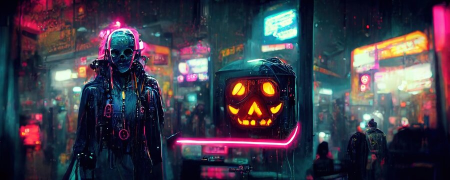 futuristic cyberpunk city at night in halloween, neon lights, digital illustration