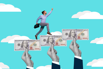 Composite collage image of big arms hold banknotes bills small guy running climb isolated on painted clouds sky background