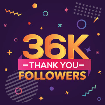 Thank you 36000 followers, thanks banner.First 36K follower congratulation card with geometric figures, lines, squares, circles for Social Networks.Web blogger celebrate a large number of subscribers.
