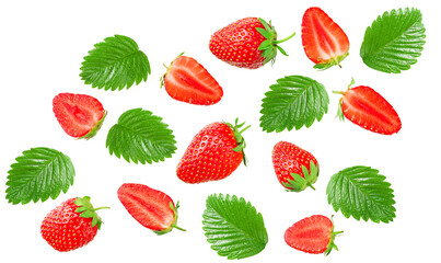 strawberry with sliced strawberry and green leaves isolated on white background. clipping path. Top view