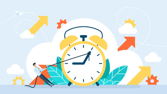 Delay concept. Stop time to deal with urgent projects or handle errors. Deadline. Time on clock stop. A man holds the minute hand with a string to push turn back time. Vector business illustration