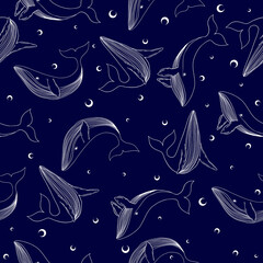 Marine seamless pattern with big whales.