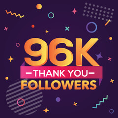 Thank you 96000 followers, thanks banner.First 96K follower congratulation card with geometric figures, lines, squares, circles for Social Networks.Web blogger celebrate a large number of subscribers.