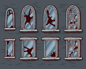 Cartoon windows with broken glass in a frame on a brick wall. Facade elements for house exterior. Vector icons set.