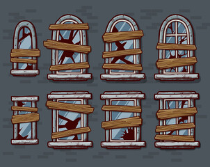 Cartoon windows with broken glass in a frame closed with wooden planks on a brick wall. Facade elements for house exterior. Vector icons set.