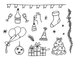New Year 2023 celebrating set,hand-drawn elements, sketch doodle style.Festive design for Christmas holiday,drawing by ink, pen, marker.Traditional decoration.Isolated.Vector illustration