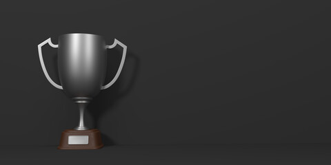 Trophy cup on black background with copy space. Sport tournament award, silver winner cup and victory concept. 3d rendering illustration