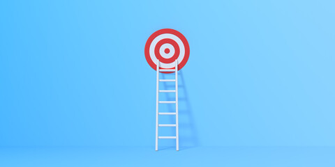 Step ladder and target on a blue wall with copy space. 3d rendering 3d illustration - obrazy, fototapety, plakaty