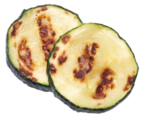 Slices of zucchini roasted on a grill with stripes from a grill isolated
